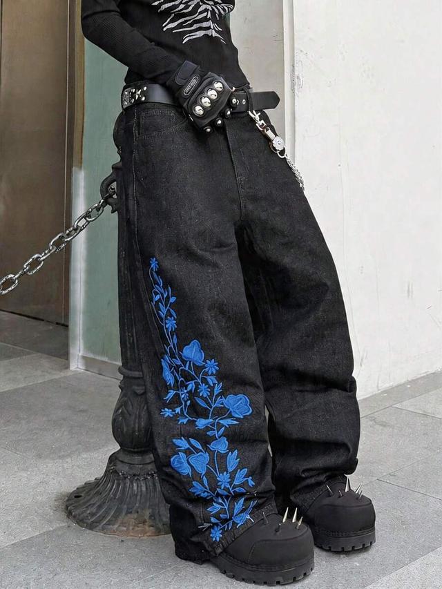 hearty haven embroidered wide leg loose black denim jeans