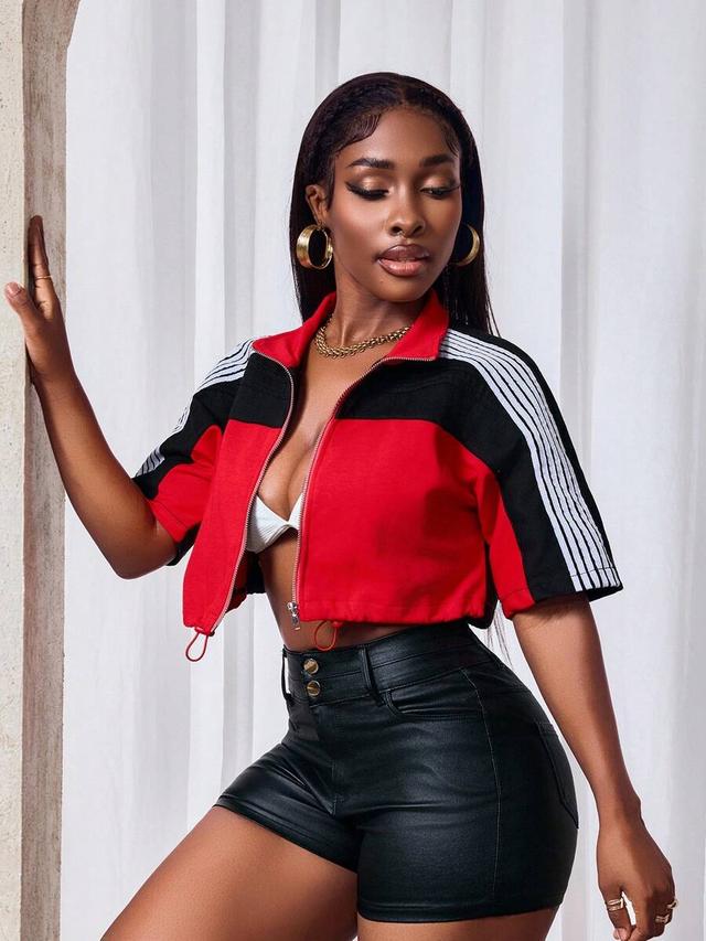red and black colorblock short sleeve zip jacket