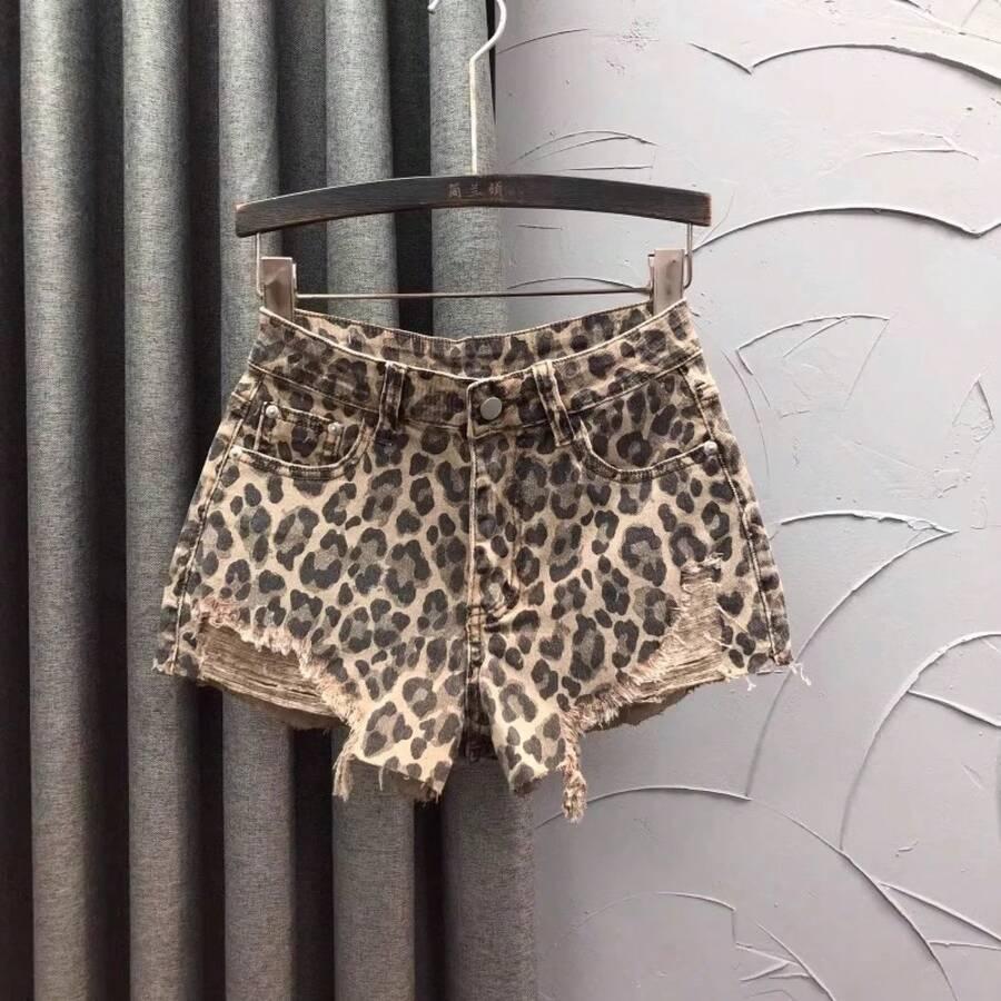leopard print high-waisted frayed denim shorts