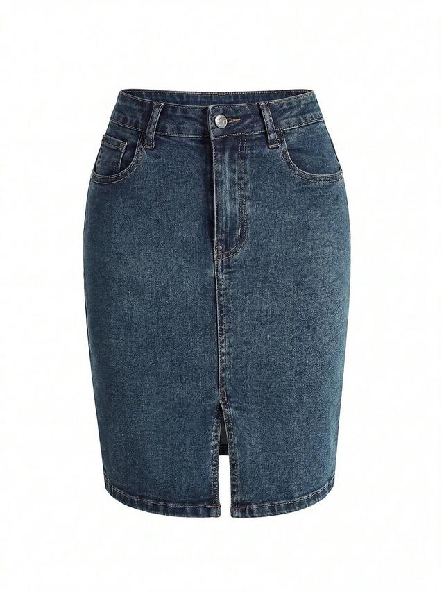 dark wash denim pencil skirt with front slit