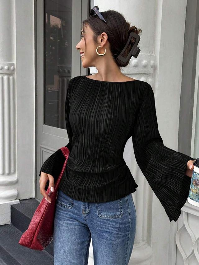 black pleated wide round neck flare sleeve top