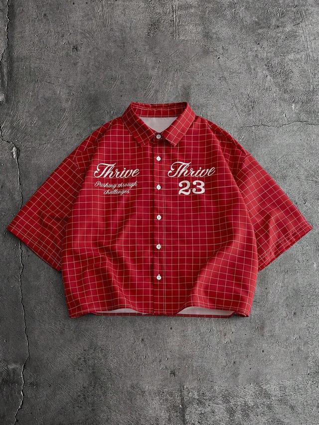 red plaid short sleeve button down shirt