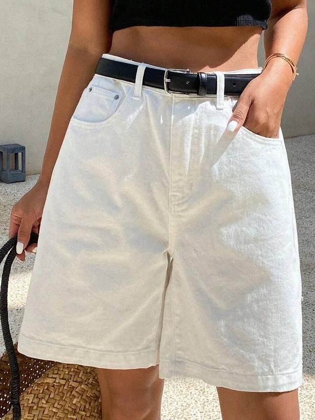 white denim bermuda shorts with classic five-pocket styling