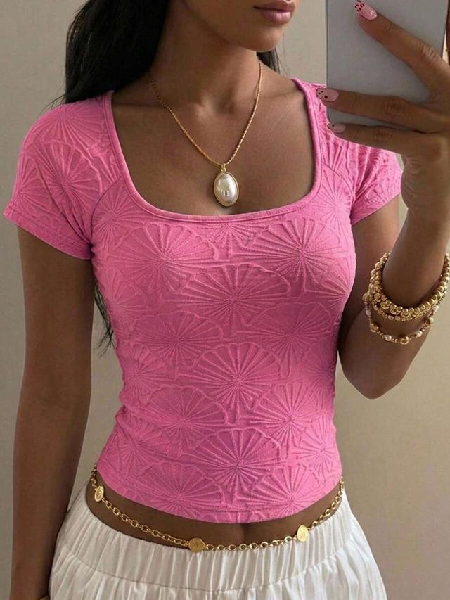 pink textured square neck short sleeve top