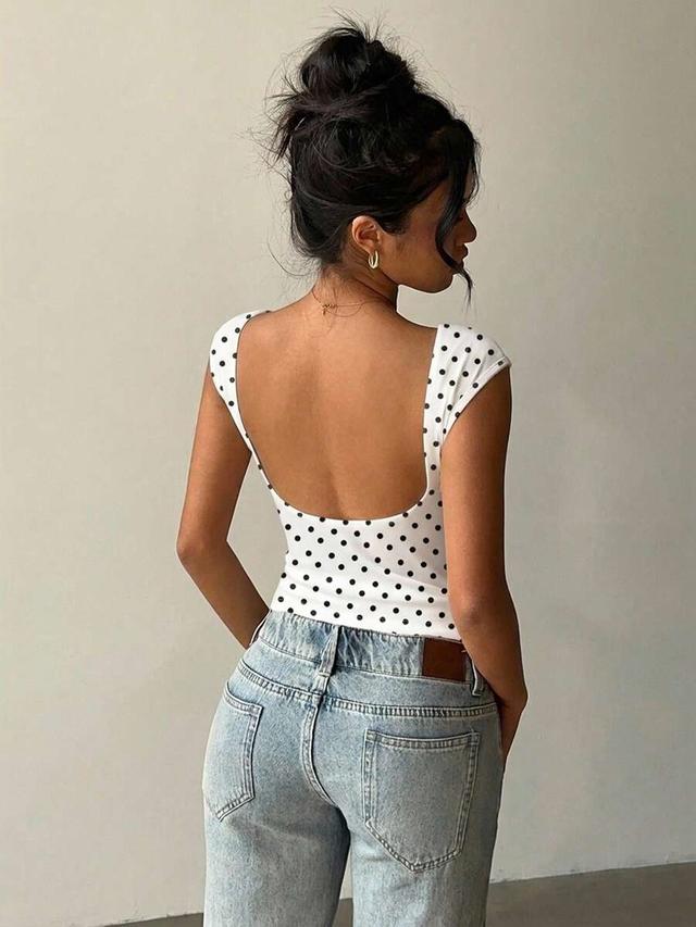 white polka dot print backless cap sleeve top
