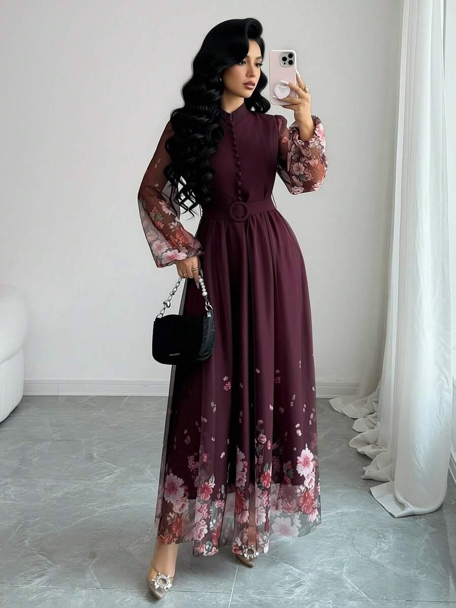 floral print mesh splice waist cinched long sleeve dress