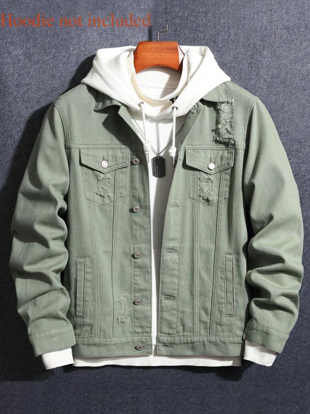 olive green distressed denim jacket with button closure