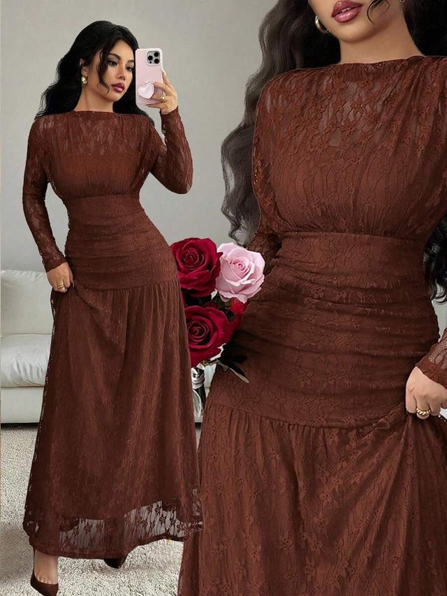 brown lace long sleeve bodycon ruffle dress