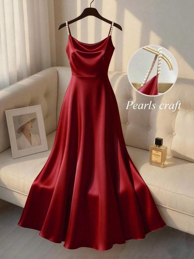 elegant red satin pearl strap a-line slip dress