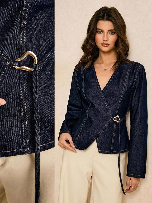 navy blue denim wrap blazer with metal buckle