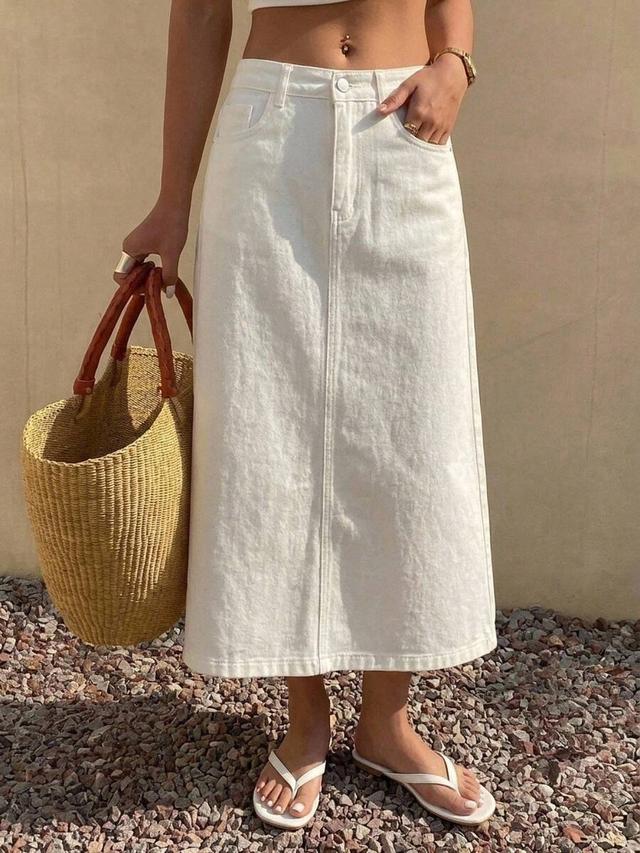 white denim midi skirt with classic five-pocket styling