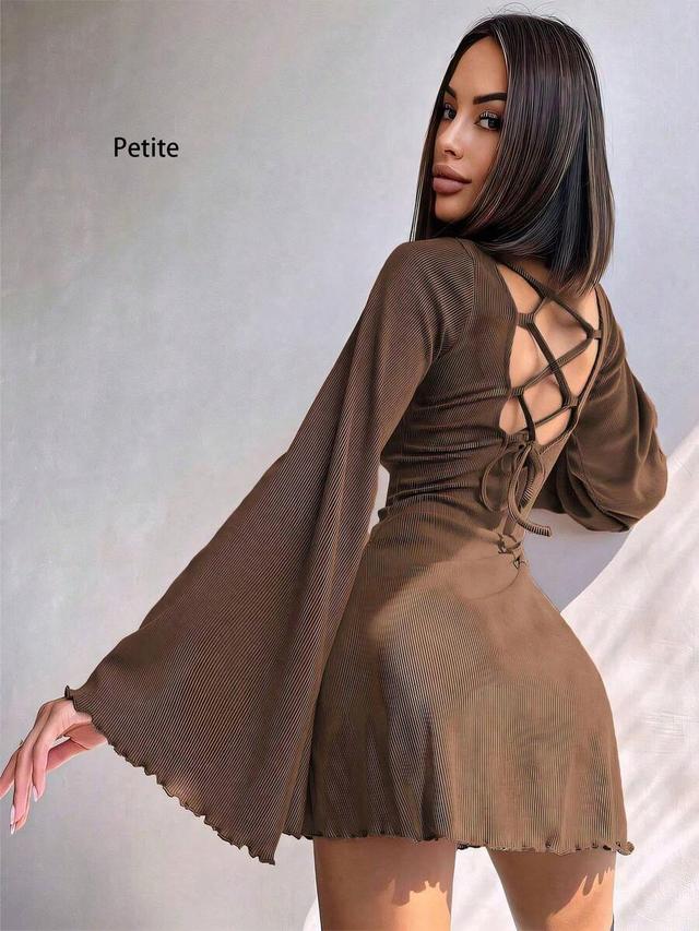 brown ribbed mini dress with flare sleeves and lace-up