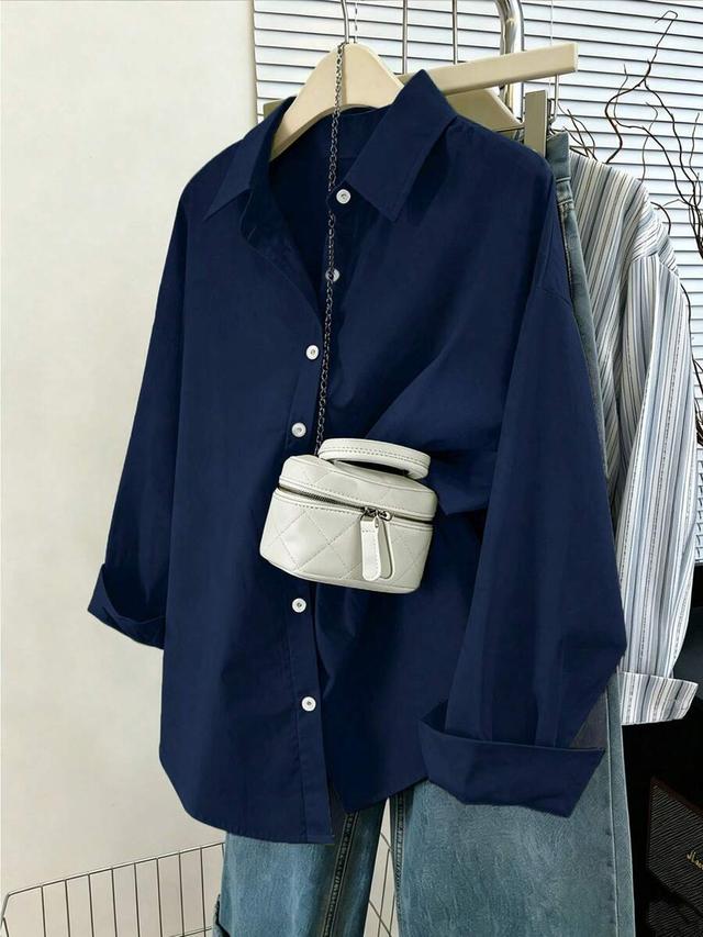 navy blue casual loose long sleeve shirt