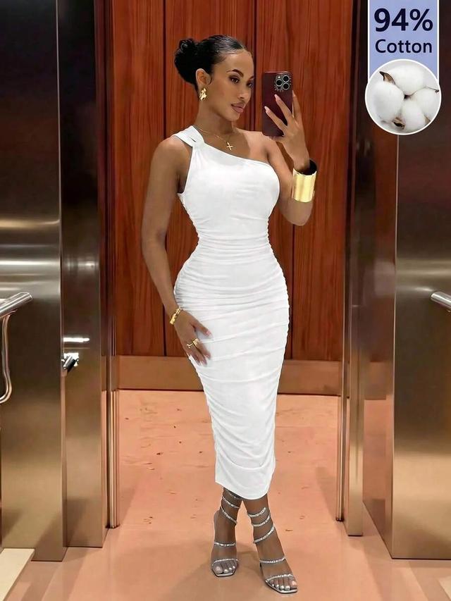 white one-shoulder ruched midi bodycon dress