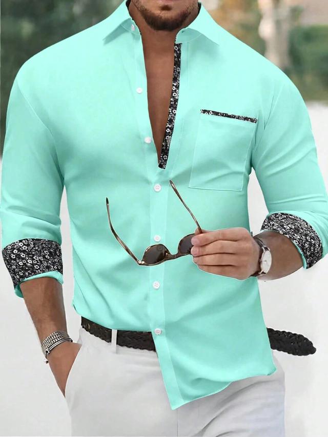 mint green floral trim long sleeve button-up shirt