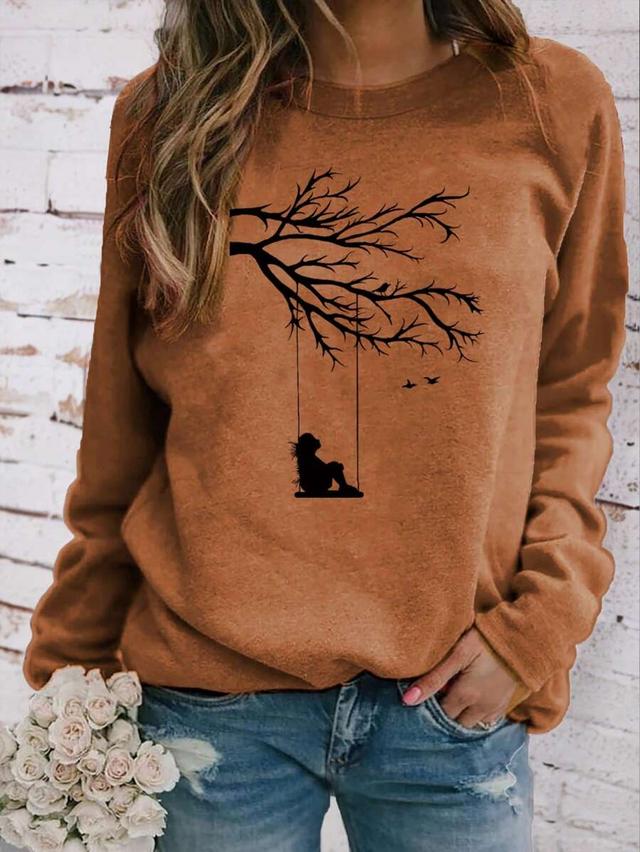 brown long sleeve graphic tree print crew neck top