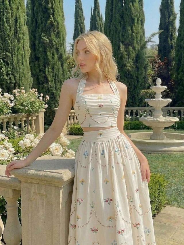 beige floral halter tie-neck ruched corset two-piece set