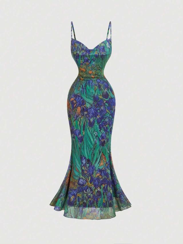 van gogh print plunge neck fishtail dress