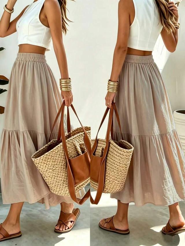 beige flowy pleated a-line midi skirt