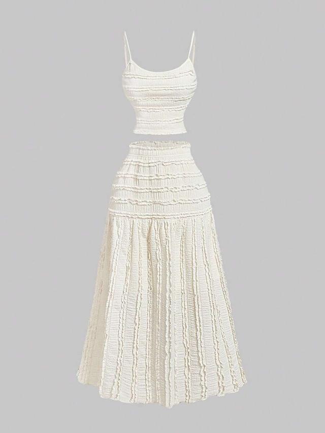 off-white textured ruffle camisole and midi skirt set
