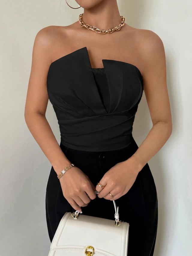 black ruched asymmetric strapless bodysuit