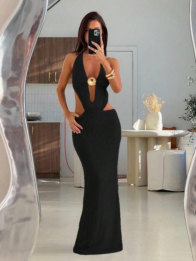 textured knit halter backless maxi dress