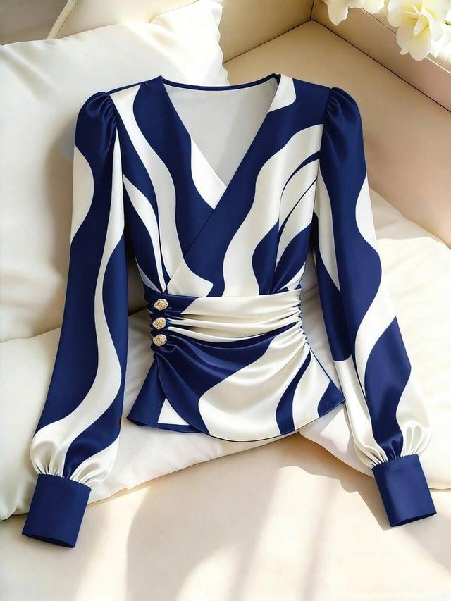 blue white zebra stripe v neck wrap blouse