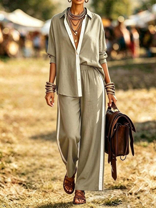olive green colorblock long sleeve shirt and pants set