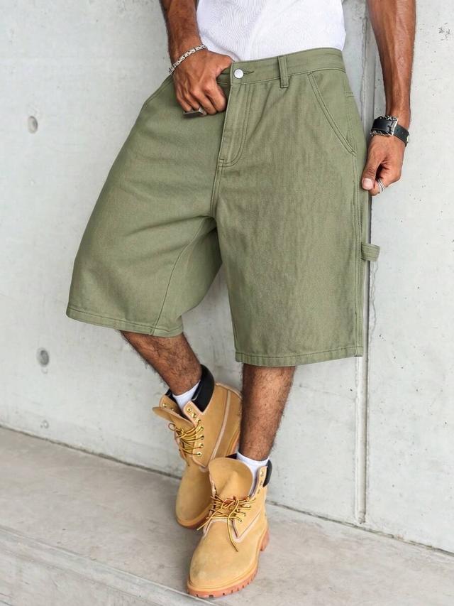 olive green denim multi-pocket cargo shorts