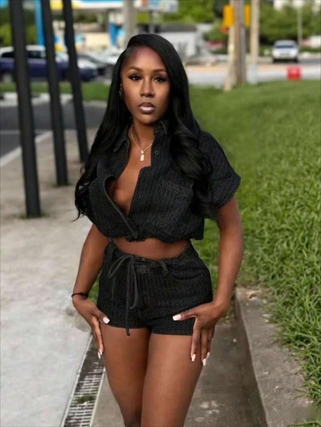 black waffle denim short-sleeved shirt and shorts set