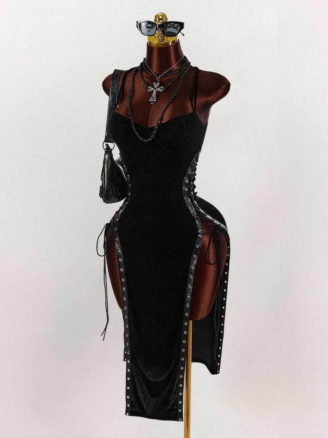 black velvet bodycon midi dress with lace-up side slits