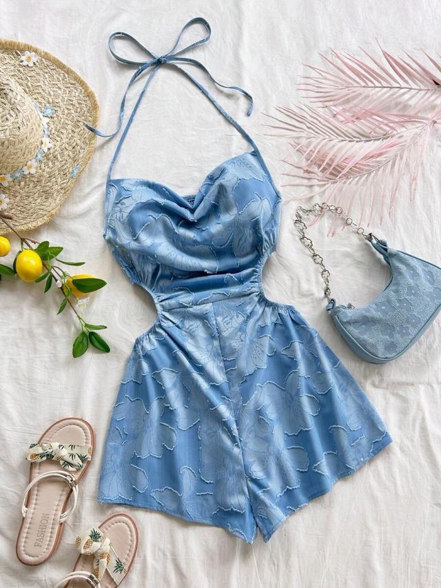 soleia blue floral halter tie knot cutout romper