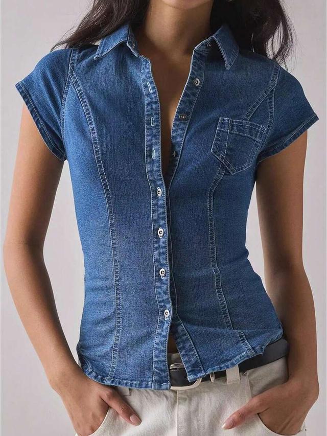 women's blue denim cap sleeve button down shirt