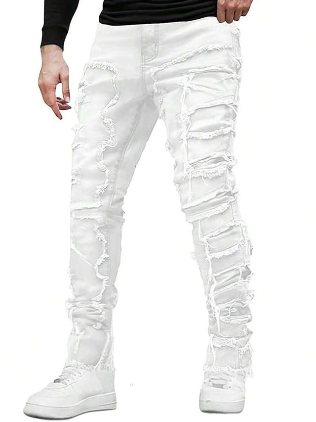 men's white distressed stacked skinny denim jeans