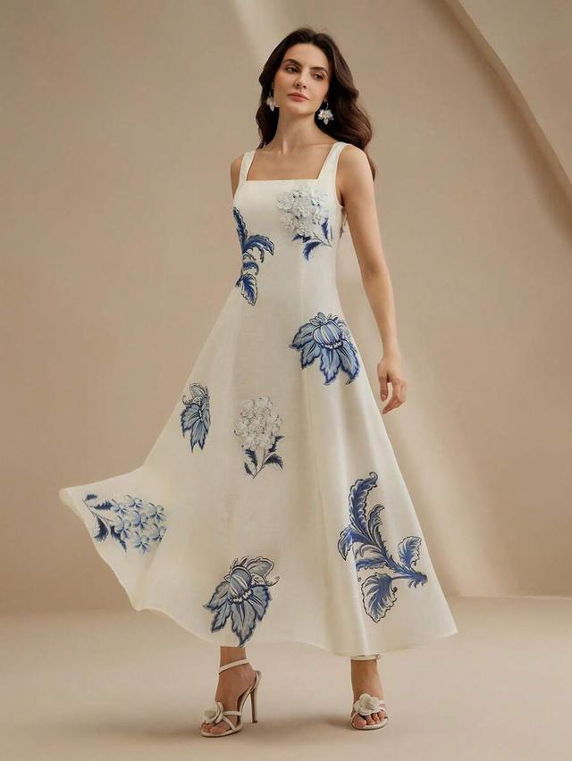 elegant floral print slip dress with 3d flowers