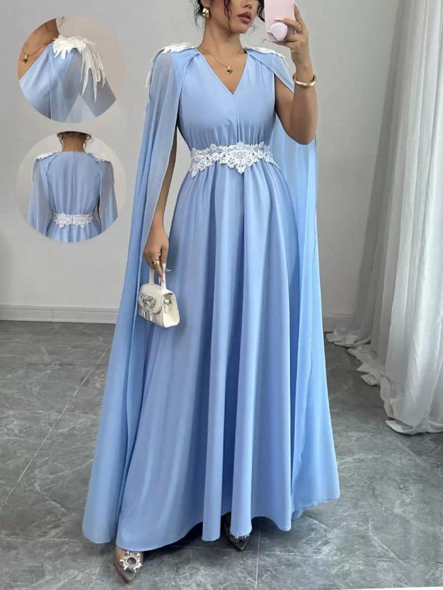 light blue v-neck lace and chiffon cape sleeve dress