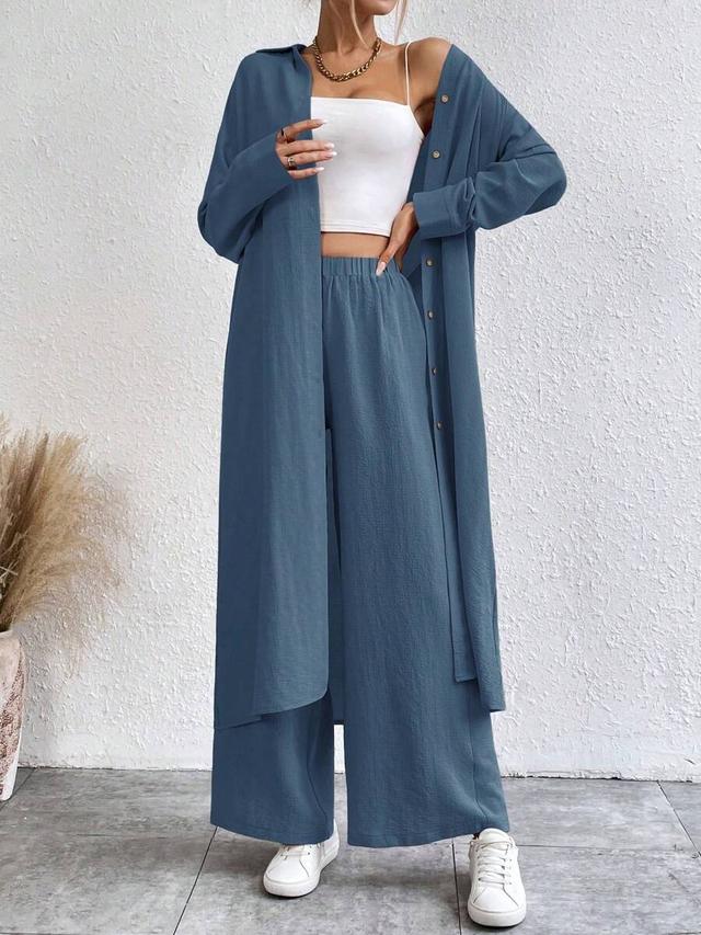 solid color long sleeve button-down shirt and trousers set