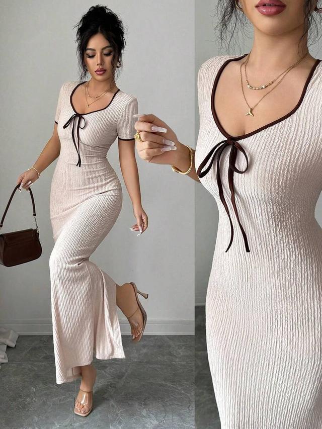 apricot textured knit bodycon dress with contrast trim