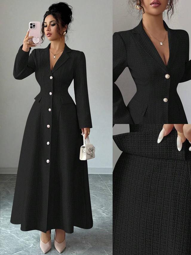 black textured lapel long sleeve a-line dress