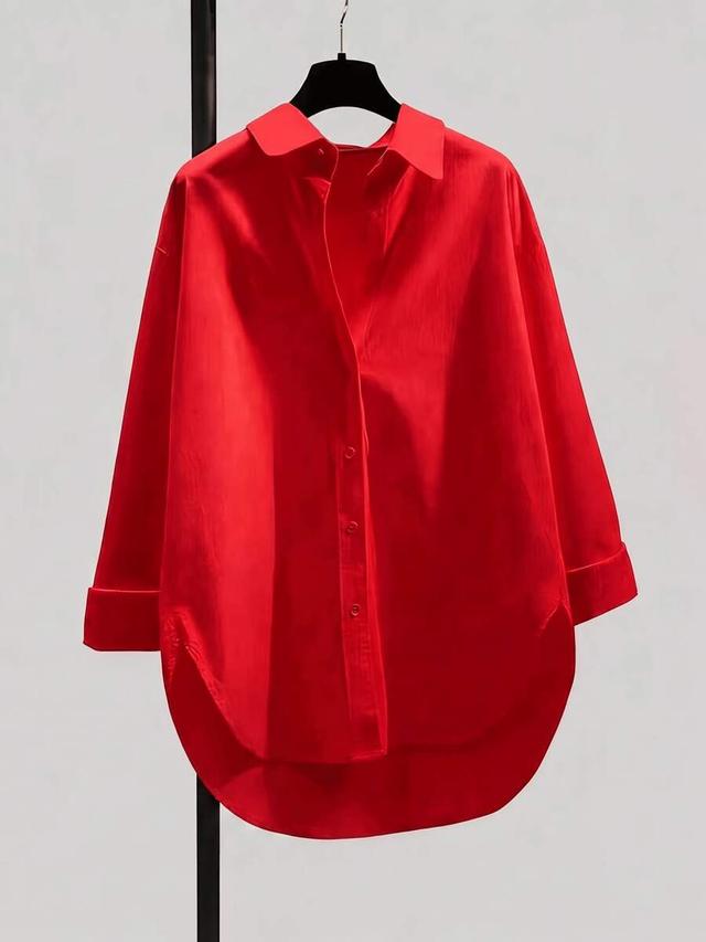 minimalist lapel long sleeve loose red shacket