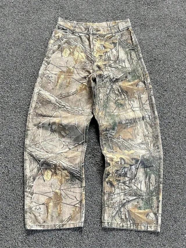 washed camouflage print wide-leg loose straight jeans