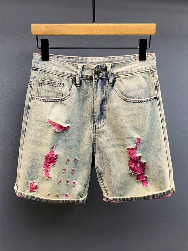 men retro vintage washed denim shorts with pink distressing