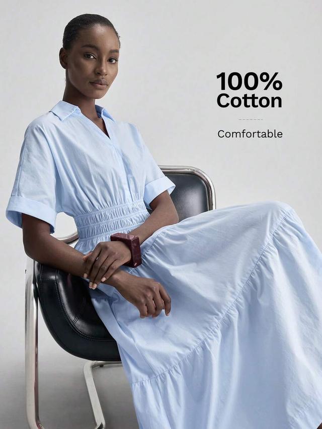 light baby blue cotton waist pleated casual dress