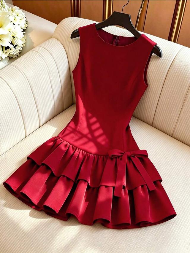 red sleeveless mini dress with tiered ruffle skirt