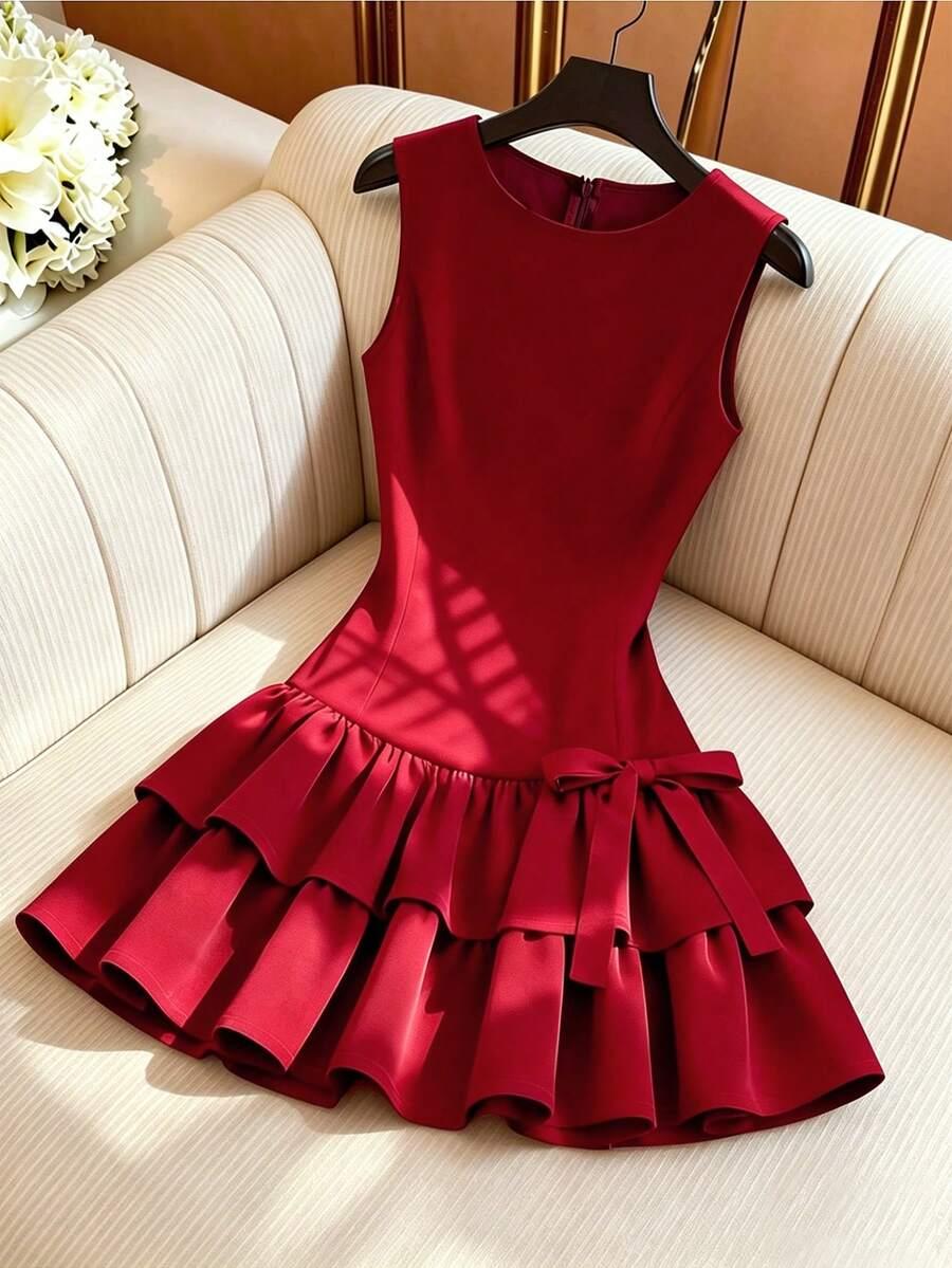 red sleeveless mini dress with tiered ruffle skirt