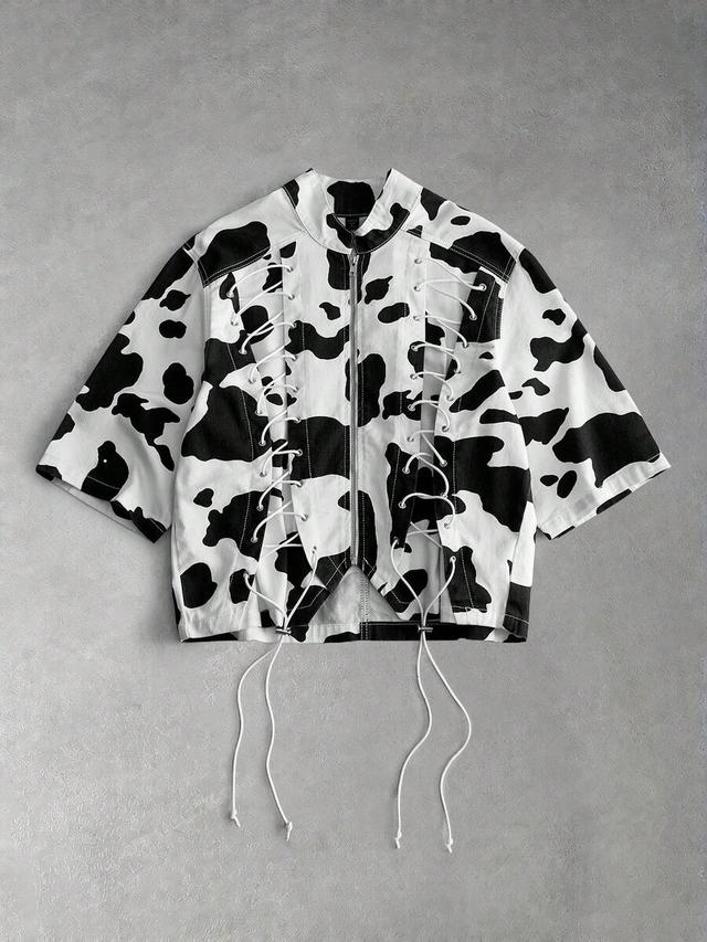 cow print denim zip-up top with lace-up sides