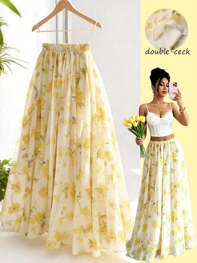 yellow floral chiffon layered a-line maxi skirt
