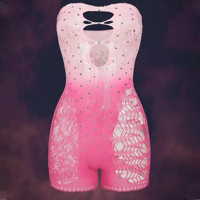 pink white gradient hollow strapless bodycon dress