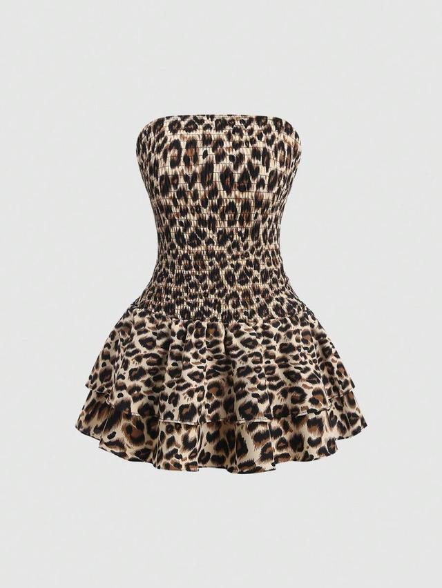 sweetra leopard print strapless shirred waist ruffle hem dress