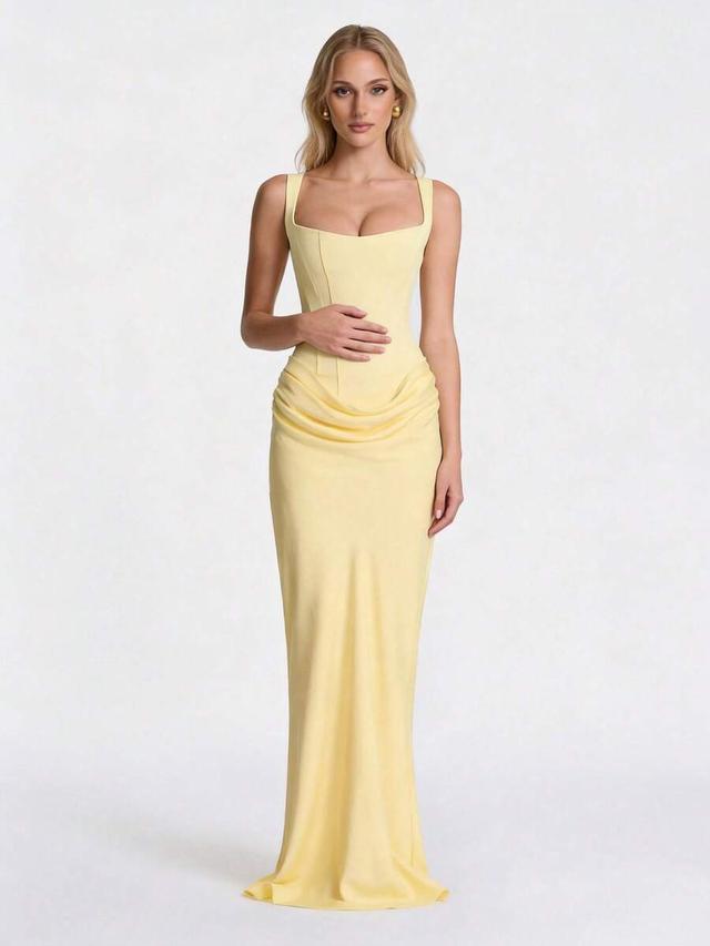 pale yellow corset bodice draped midi dress